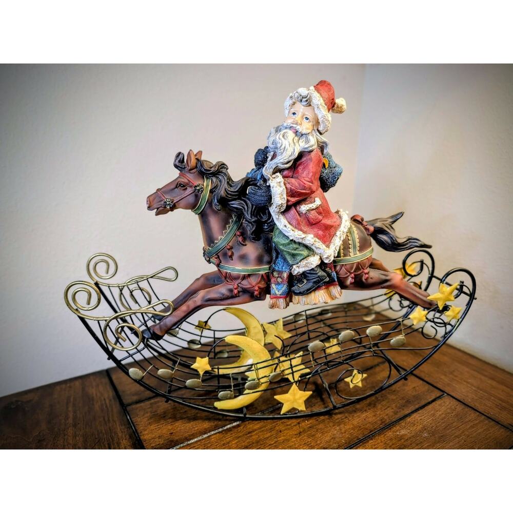 Vintage Large Resin Chrsitmas Santa Claus On Metal Rocking Horse Holiday Decor